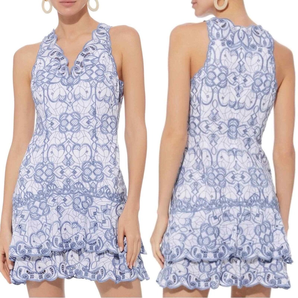 Jonathan Simkhai Scallop Embroidered Lace Tiered V-neck Mini Dress Size 4